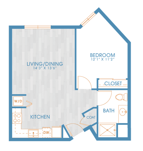 Floor plan for 1 bed, 1 bath, 661 sqft